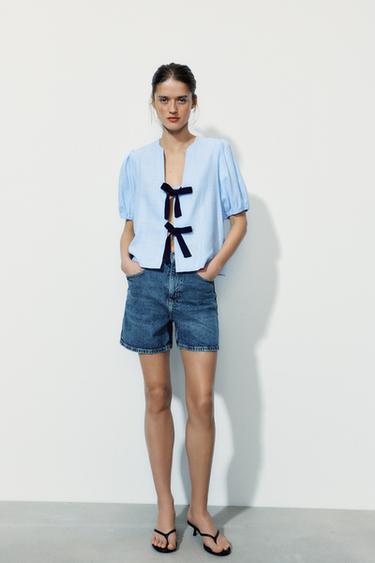 Zara LINEN BLEND SHIRT WITH TIES - Light blue