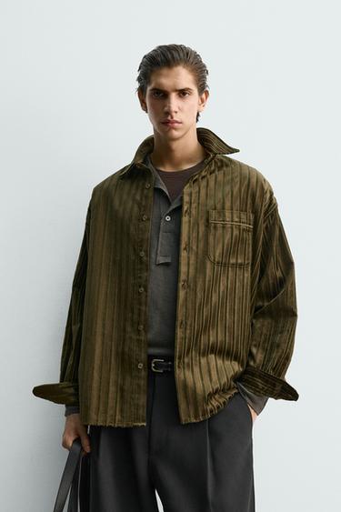 EMBOSSED VELVET STRIPED SHIRT - Dark green by Zara