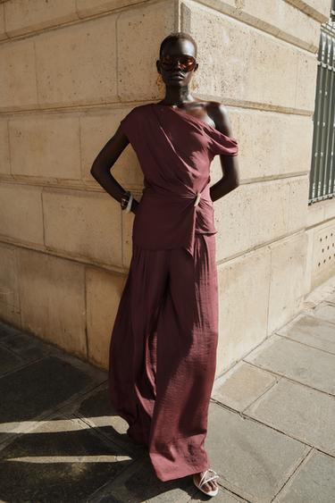 WIDE-LEG DARTED TROUSERS - Burgundy by Zara - Image 0