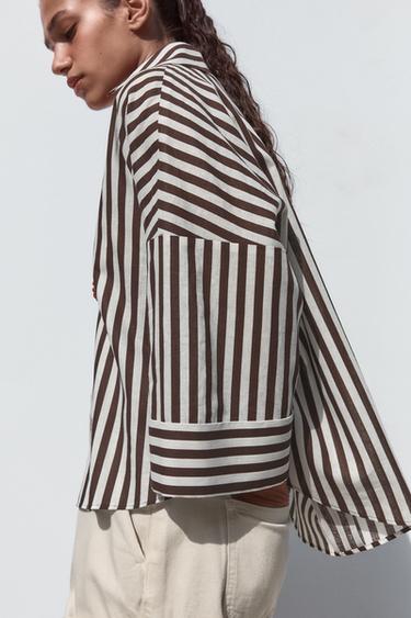 WIDE-SLEEVE LINEN BLEND SHIRT - brown/white by Zara - Image 2