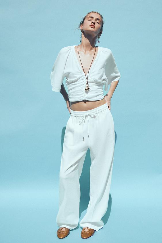 BLOUSE MANCHES VOLANTÉES AVEC LIN - Blanc de Zara - Image 0