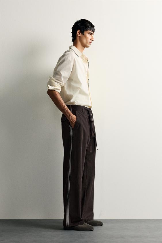 RELAXED FIT TROUSERS WITH EMBROIDERED STRIPES - Dark brown by Zara - Image 0