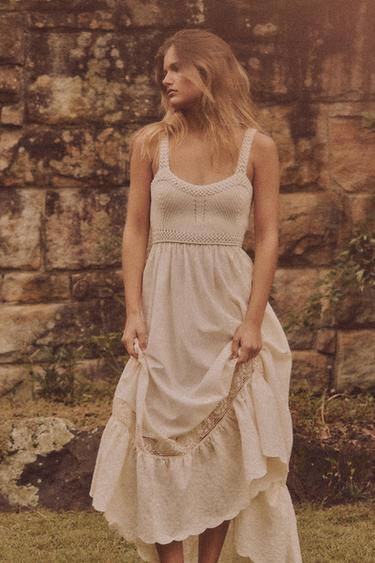 Zara COMBINATION KNIT DRESS - Ecru