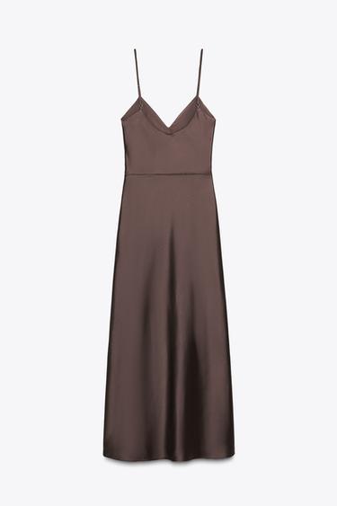 ROBE MIDI SATINÉE À FRONCES - Marron foncé de Zara - Image 5