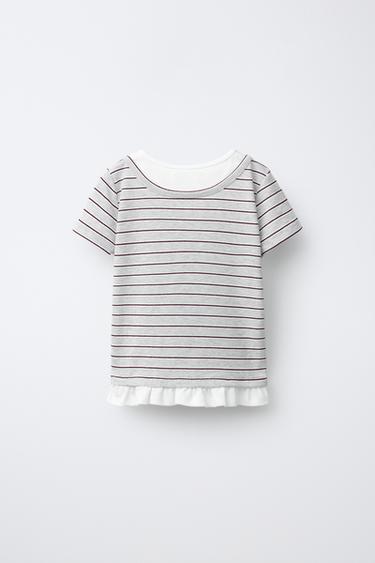 T-SHIRT À RAYURES DOUBLE COL - Gris chiné de Zara - Image 1