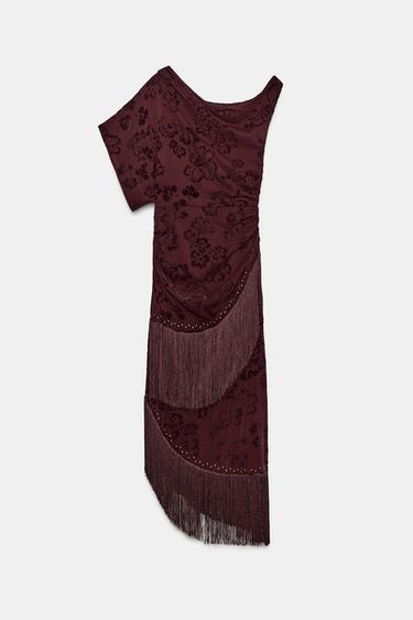 ASYMMETRIC DEVOURED FRINGE MIDI DRESS - Burgundy by Zara