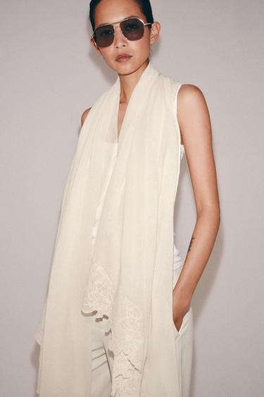 COTTON LINEN LACE SCARF - Ecru by Zara - Image 1