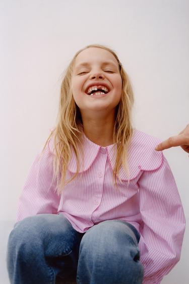 STRIPED SHIRT WITH EMBROIDERED COLLAR - Mid-pink by Zara