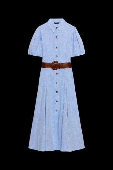 Zara BELTED LINEN MIDI DRESS - Blue