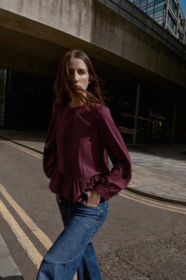 PEPLUM-BLUSE MIT SPITZENEINSATZ - Burgundrot von Zara