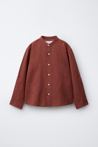 COTTON AND LINEN STAND COLLAR SHIRT - Burgundy by Zara