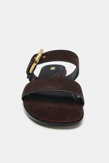 BUCKLED FLAT SPLIT SUEDE SANDALS - Brown by Zara - Image 5