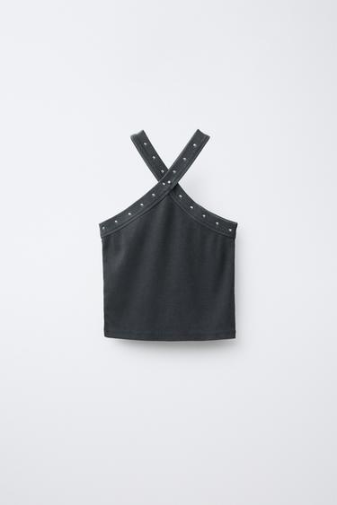 WASHED-EFFECT HALTER TOP WITH STUDS - Anthracite grey by Zara