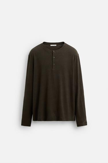 Zara COTTON LINEN BLEND BUTTON NECK T-SHIRT - Dark green