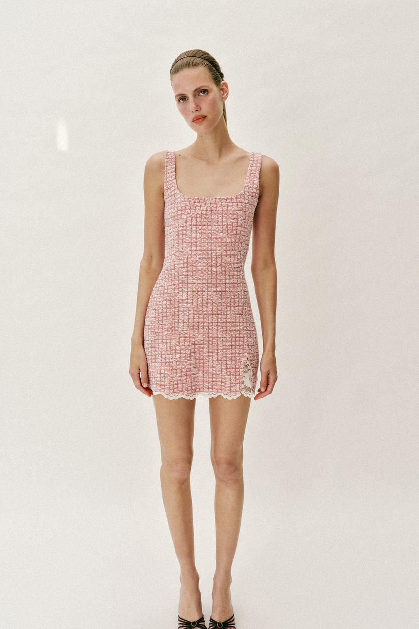 Zara - Short Textured Dress - Pink / White - S - Woman Zara - Short Textured Dress - Pink / White - S - Woman