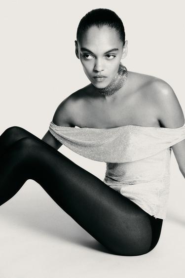 DRAPED MESH TOP WITH RHINESTONES - Silver by Zara