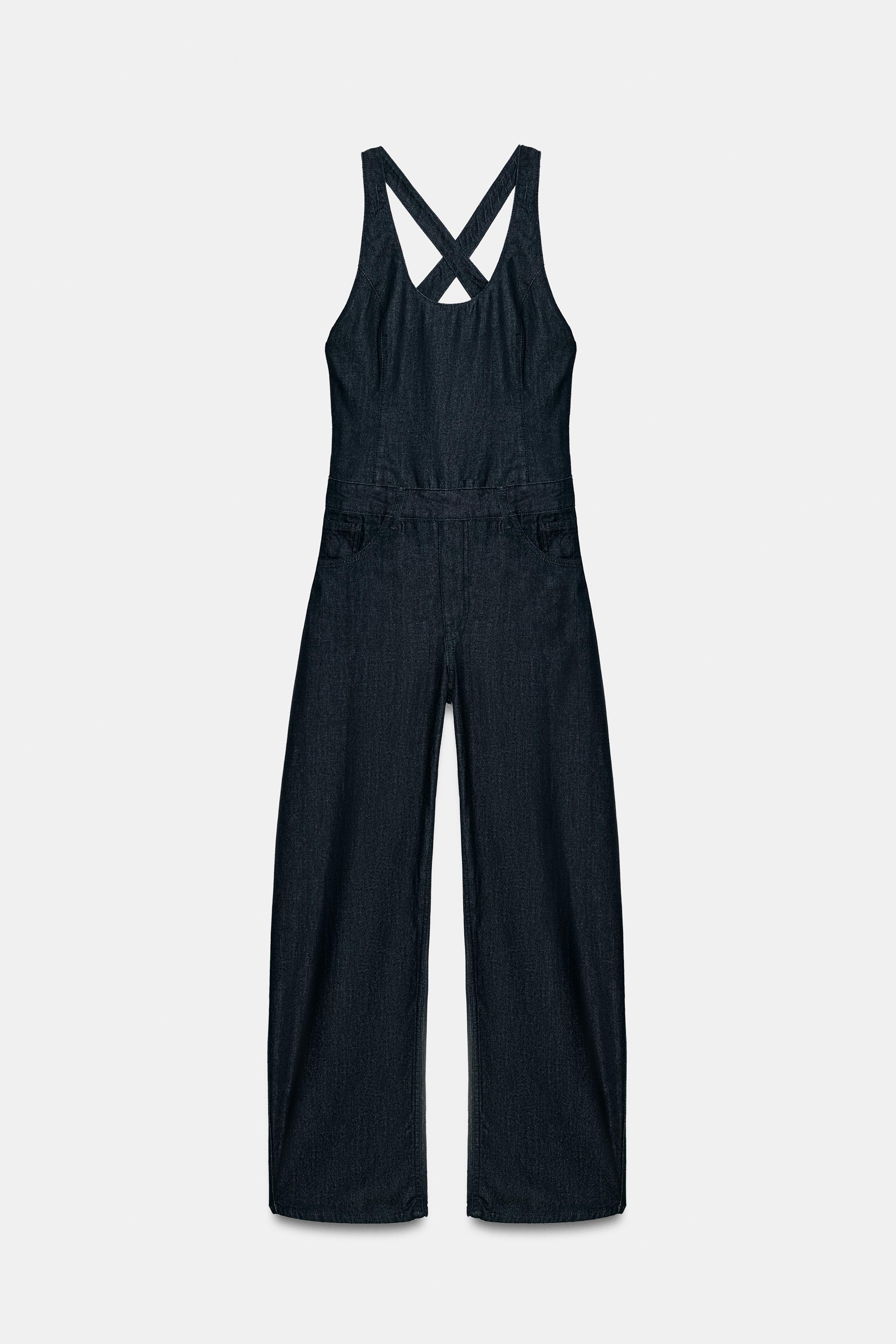 Zara CROSSOVER STRAP DENIM-EFFECT LONG JUMPSUIT — фото 7