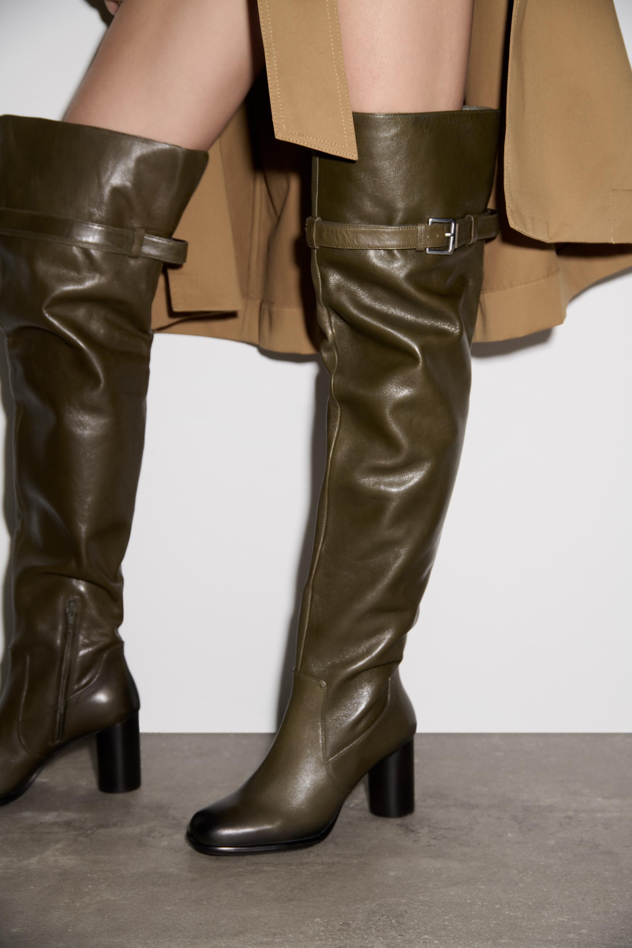 HEELED LEATHER KNEE HIGH BOOTS Bottle Green ZARA United States