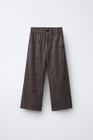 BARREL-BUKSER I BLØDT STOF MED BRODEREDE BLOMSTER - taupe brun fra Zara