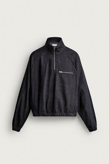 Zara DENIM ZIP-UP POUCH SWEATSHIRT - Indigo