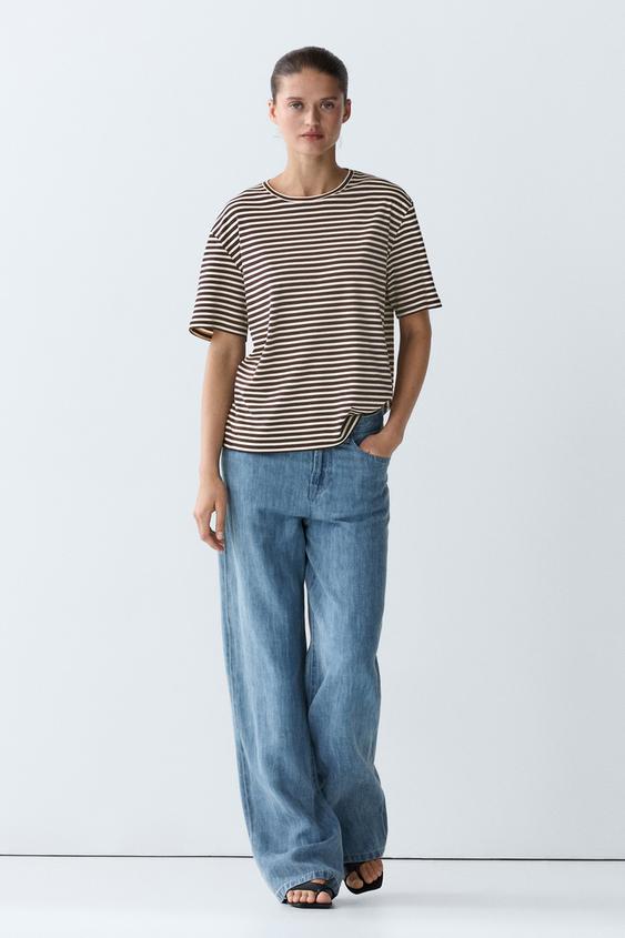 Zara 100% cotton striped short sleeve T-shirt - Dark brown - Image 0
