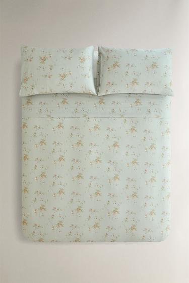 FLORAL BRANCH SATEEN DUVET COVER (300 THREAD COUNT) - Blue / Green by Zara