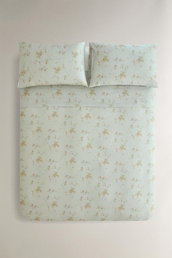 FLORAL BRANCH SATEEN DUVET COVER (300 THREAD COUNT) - Blue / Green by Zara - Image 0