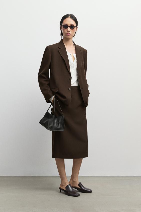 Zara Straight wool blend midi skirt - Dark brown - Image 0