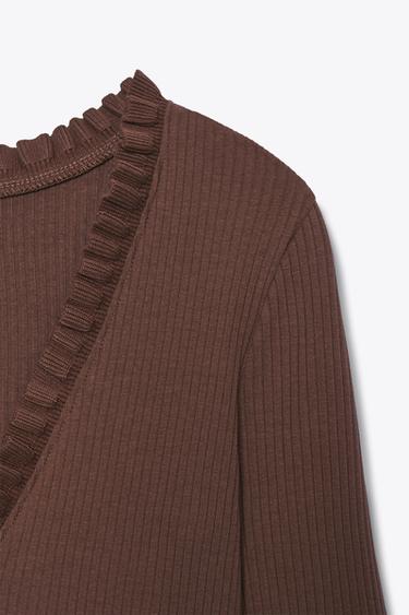 RUFFLED LONG SLEEVE TOP - Brown by Zara - Image 6