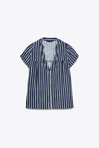 STRIPED LINEN BLEND SHIRT - Blue/White by Zara - Image 2