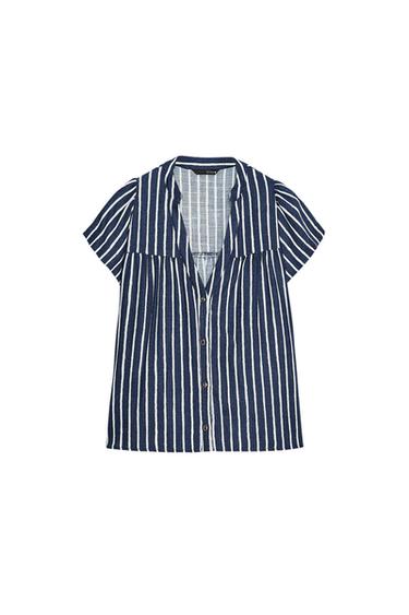 CAMISA RAYAS CON LINO - Azul / Blanco de Zara - Imagen 0
