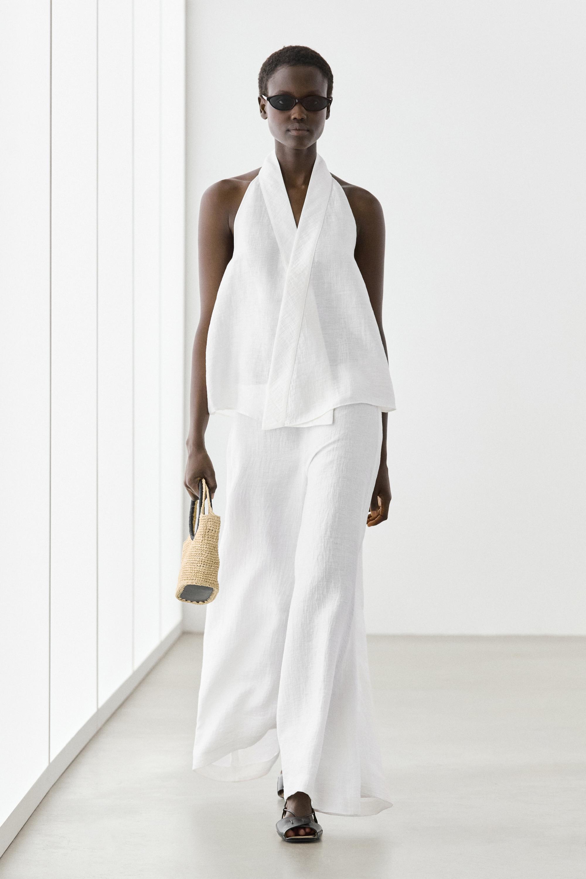 Linen blend crossover halter top - Oyster-white | ZARA United States