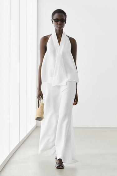Top cache-cœur à encolure américaine en lin mélangé - Blanc cassé de Zara - Image 0