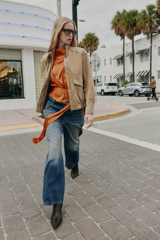 100% SUEDE LEATHER HIGH COLLAR JACKET