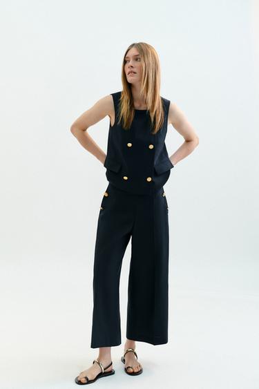 Zara BUTTON CULOTTES - Navy blue