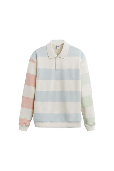 Wide-striped pastel-toned polo neck jumper with long sleeves. Visible neck label. White background.