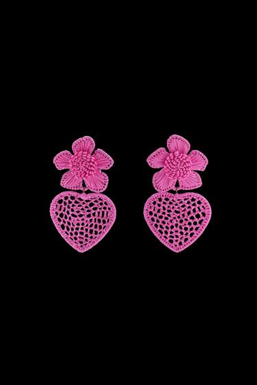 Zara RAFFIA FLORAL HEART EARRINGS - Fuchsia - Image 0
