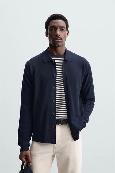 CAMISA DE MALHA EM MISTURA DE LYOCELL - Azul-tinta da Zara