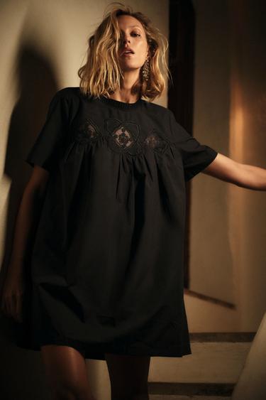 Zara ZW COLLECTION EMBROIDERED SHORT DRESS - Black