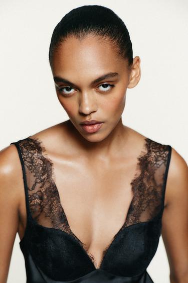 Zara SATIN EFFECT LACE TOP - Black