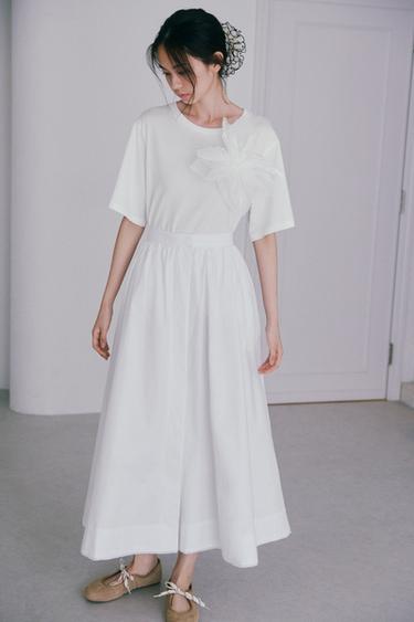 POPELÍN ZW 컬렉션 미디 스커트 - Zara 화이트