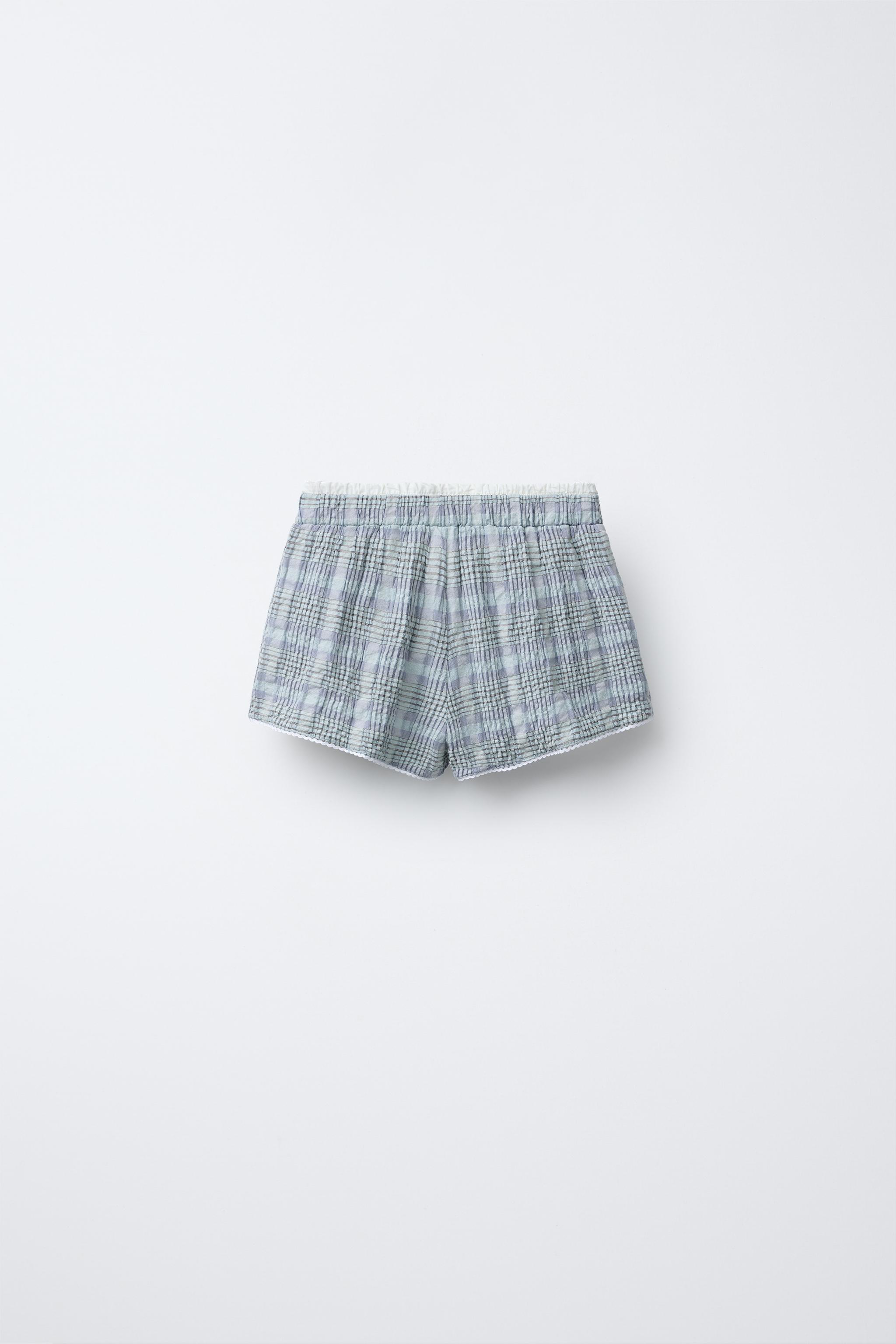 PLAID PRINT DOUBLE WAISTBAND SHORTS - Blue / Lavender | ZARA