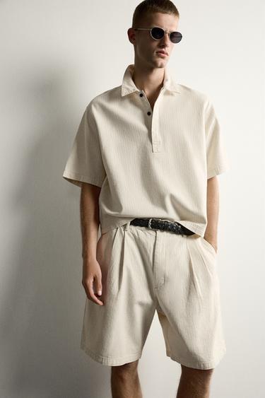 Zara WIDE FIT STRIPED PLEATED SHORTS - Ecru