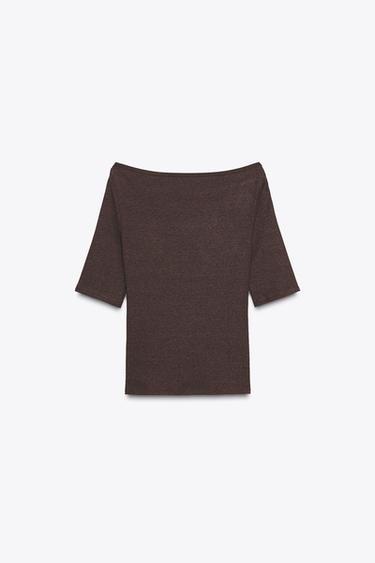 BOAT NECK T-SHIRT - Dark brown by Zara - Image 4