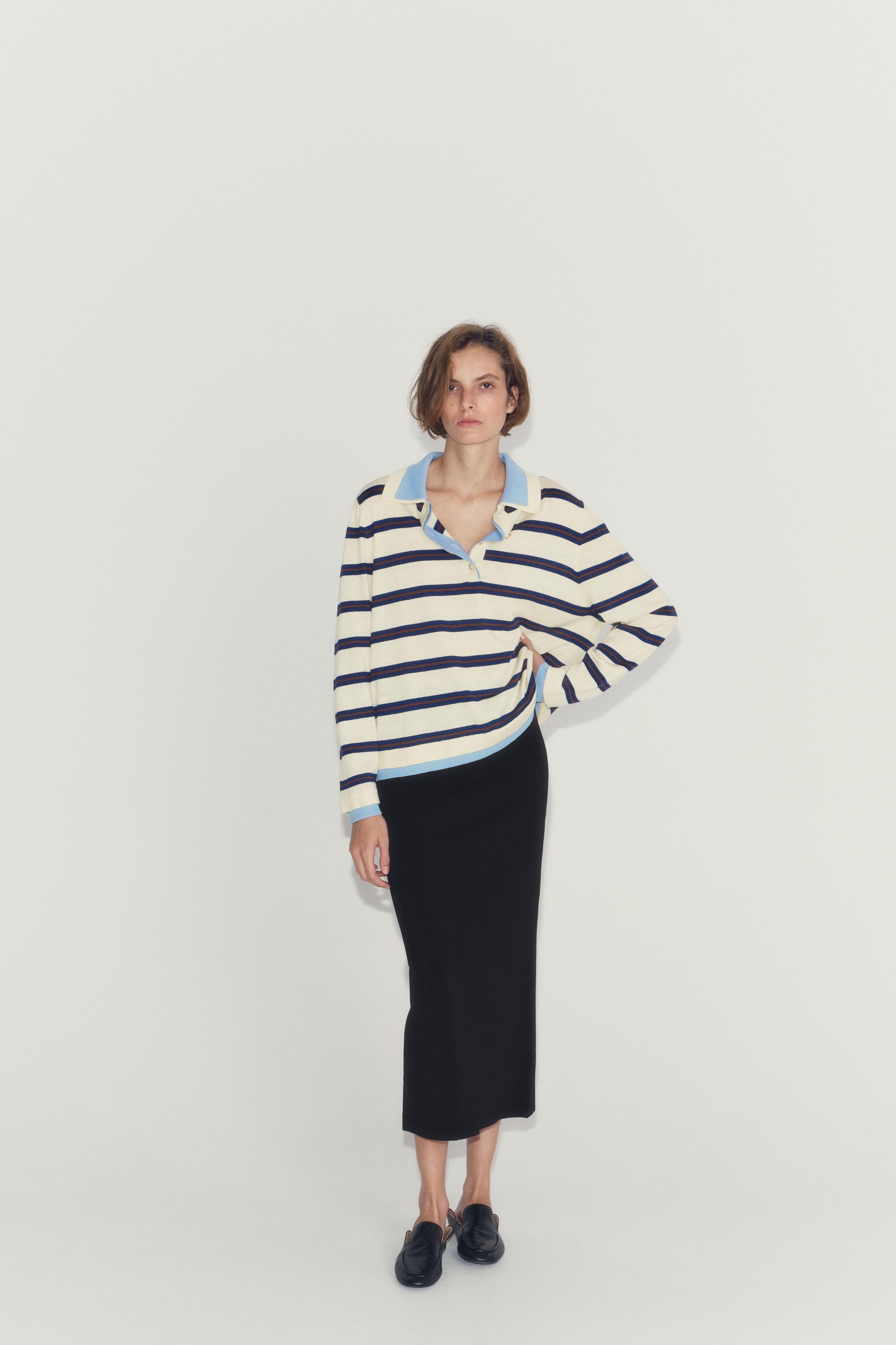 STRIPED COLORBLOCK KNIT POLO — Ecru / Blue