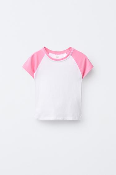 T-SHIRT MED RAGLANÆRMER - rosa/hvid fra Zara - Billede 0