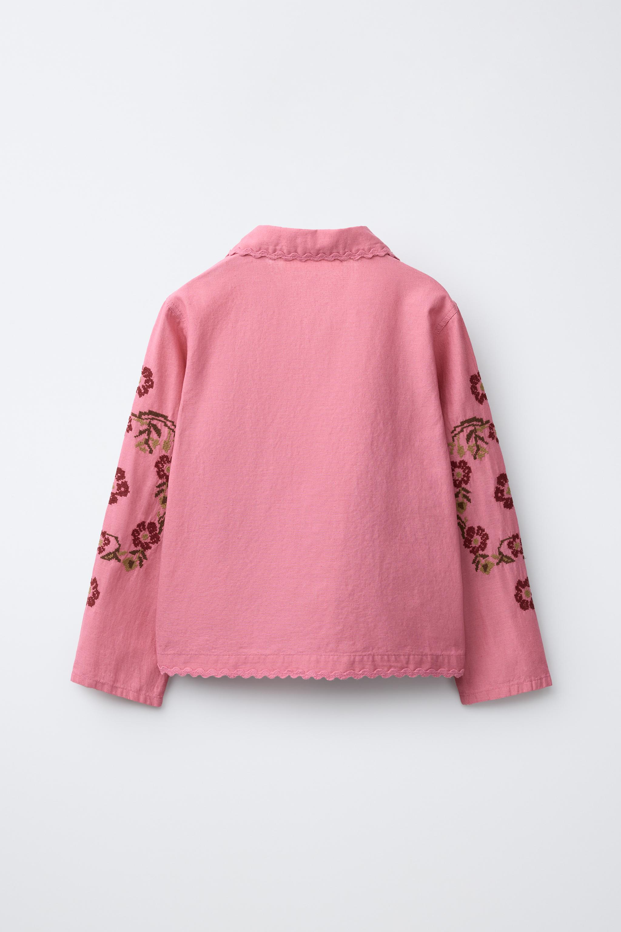 COTTON LINEN BLEND CROSS STITCH EMBROIDERED OVERSHIRT - Chalk pink