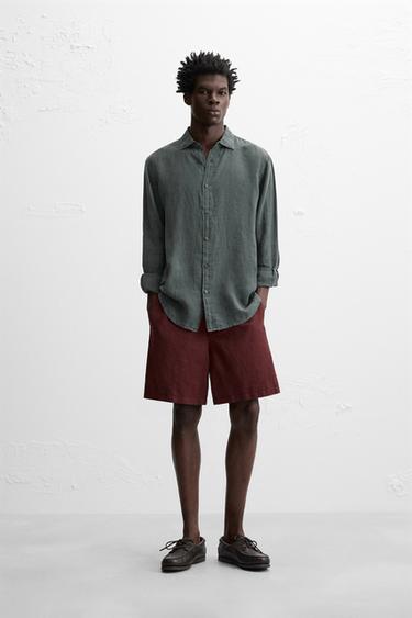 100% LINEN SHIRT - Dark green by Zara