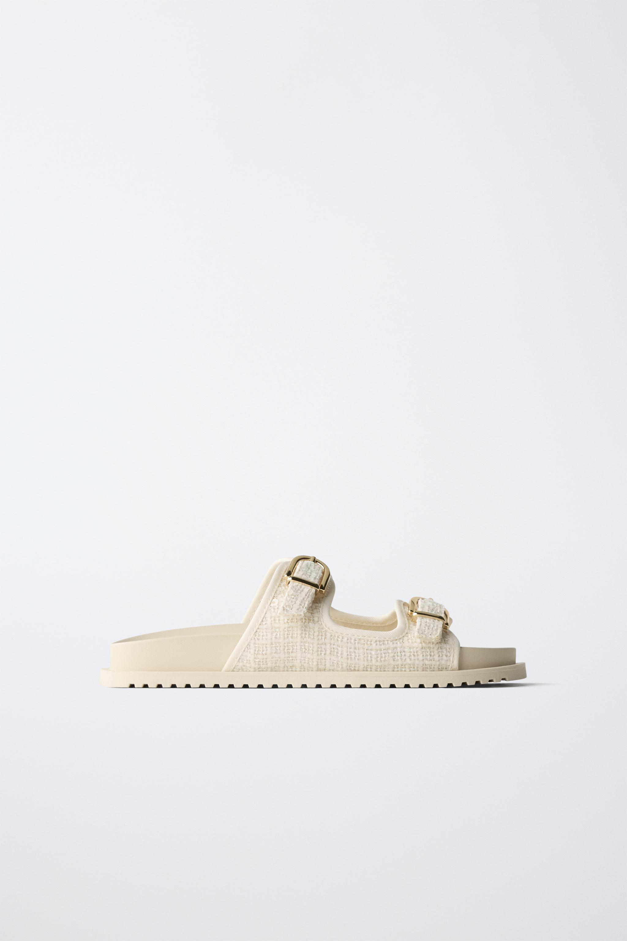 RAFFIA EFFECT BUCKLE SANDALS — Off White