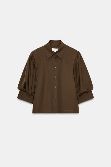 CAMISA DE POPELINA COM MANGA BUFANTE ZW COLLECTION - Marrom da Zara